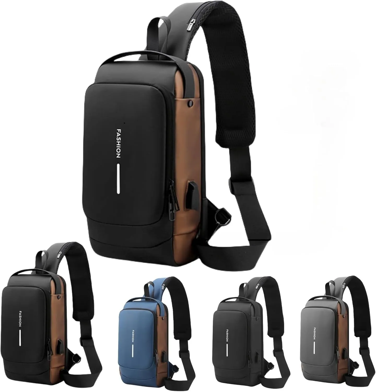 Carbon Fiber Streamlined Anti-theft Crossbody Bag, USB Charging Sports Sling Bag, Waterproof Shoulder Bag, Fashionable Crossbody Bag Suitable for Sports and Leisure (Black Collage Gold)