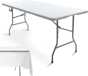 CARTMAN 6FT Folding Picnic Table Portable Fold-in-Half Plastic Dining Picnic Party Table with Tablecloth, White
