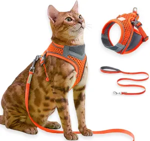 Cat Harness and Leash Set for Comfortable Outdoor Walking, Escape Proof, Adjustable Soft Kitten Vest Harness with Reflective Strip for Cats, Small Dogs (Orange, M)