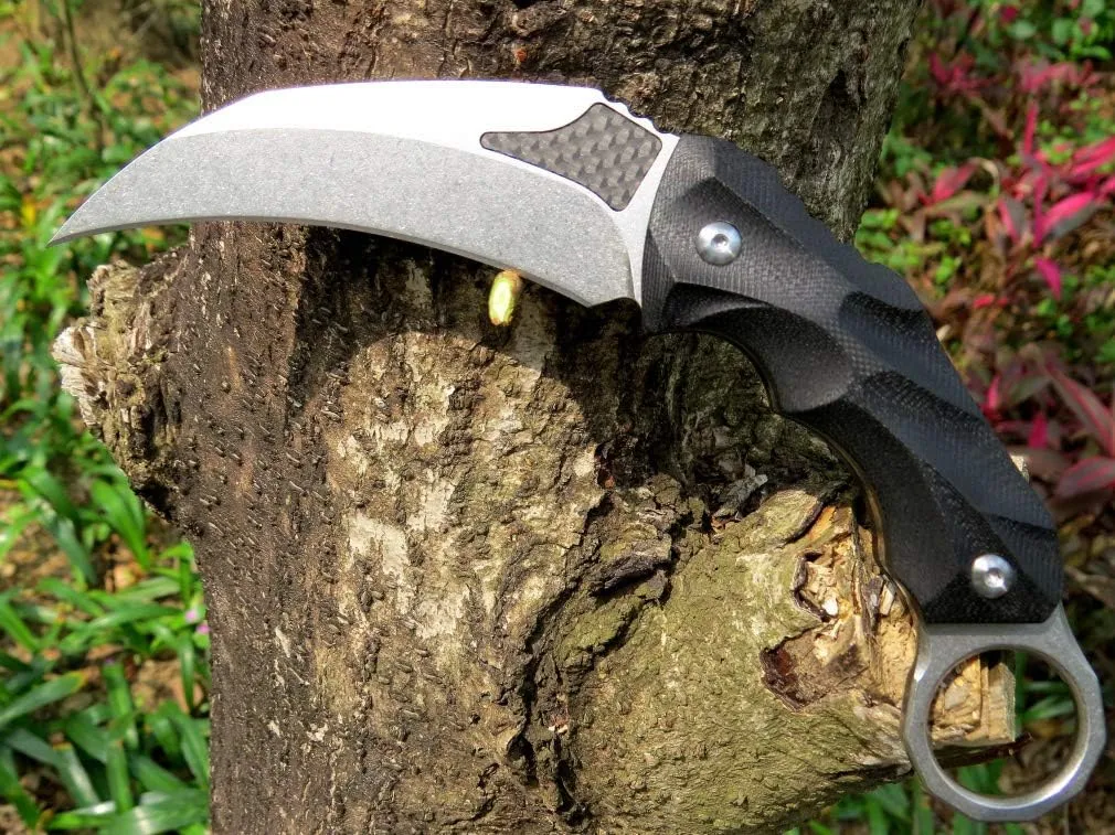 Ccanku C1692 Outdoor Knife, Carbon Fiber Fixed Blade, D2 Steel G10 Handle, 4 Inches, Camping EDC, Survival, Claw Teeth, Kydex Sheath (Silver)