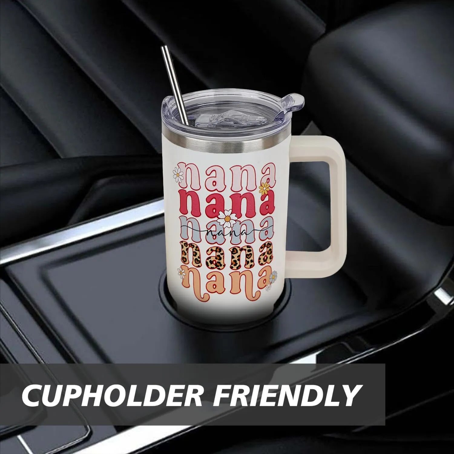 Ceovfoi 40 oz Nana Vacuum Insulated Water Bottle Travel Coffee Mug Cup Tumbler with Handle Lid and Straw, Mothers Day Nana Gifts for Grandmother