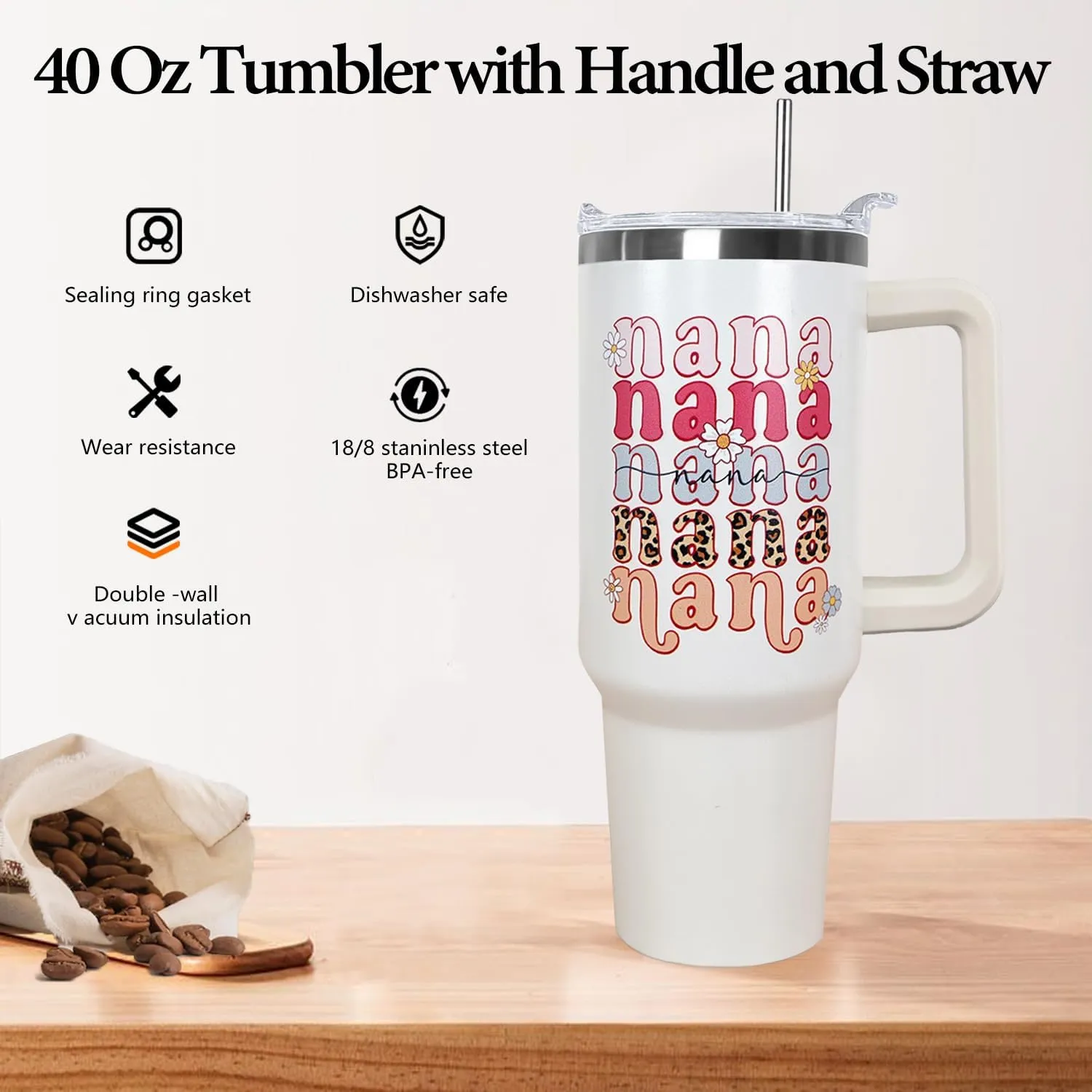 Ceovfoi 40 oz Nana Vacuum Insulated Water Bottle Travel Coffee Mug Cup Tumbler with Handle Lid and Straw, Mothers Day Nana Gifts for Grandmother