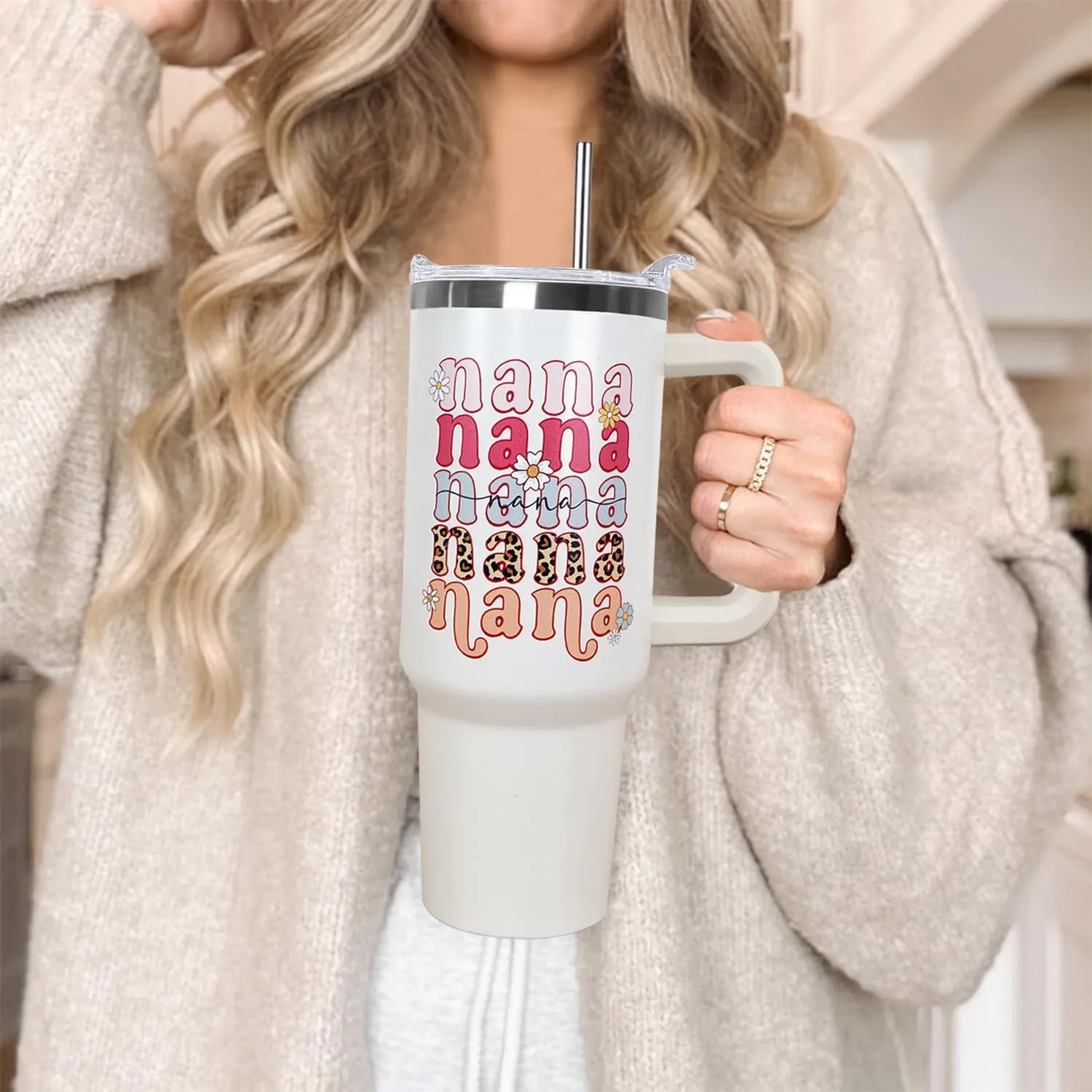 Ceovfoi 40 oz Nana Vacuum Insulated Water Bottle Travel Coffee Mug Cup Tumbler with Handle Lid and Straw, Mothers Day Nana Gifts for Grandmother