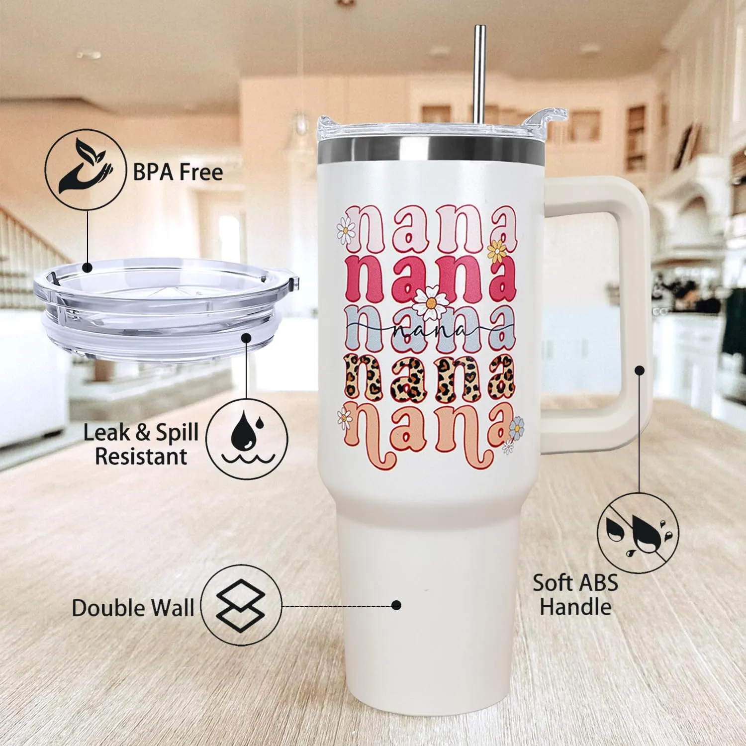 Ceovfoi 40 oz Nana Vacuum Insulated Water Bottle Travel Coffee Mug Cup Tumbler with Handle Lid and Straw, Mothers Day Nana Gifts for Grandmother