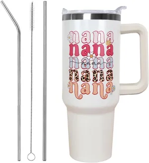 Ceovfoi 40 oz Nana Vacuum Insulated Water Bottle Travel Coffee Mug Cup Tumbler with Handle Lid and Straw, Mothers Day Nana Gifts for Grandmother