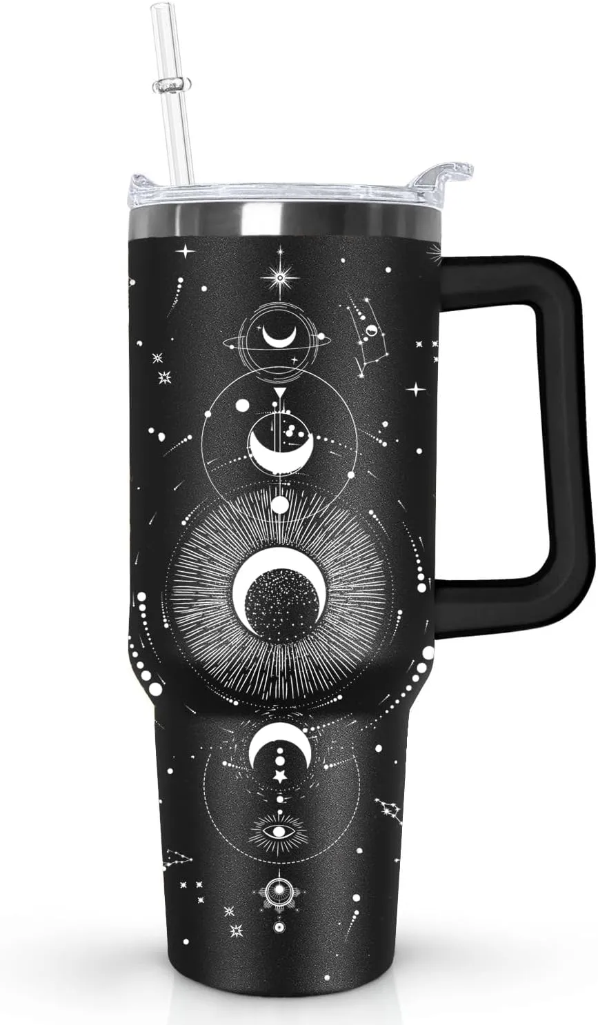 Ceovfoi 40oz Goth Tumbler with Handle Lid and Straw, Sun and Moon Cup Gothic Witch Coffee Travel Mug Cup,Astrology Witchy Gifts for Women, Goth Halloween Decor Witch Stuff for Women