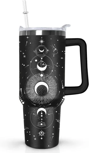 Ceovfoi 40oz Goth Tumbler with Handle Lid and Straw, Sun and Moon Cup Gothic Witch Coffee Travel Mug Cup,Astrology Witchy Gifts for Women, Goth Halloween Decor Witch Stuff for Women