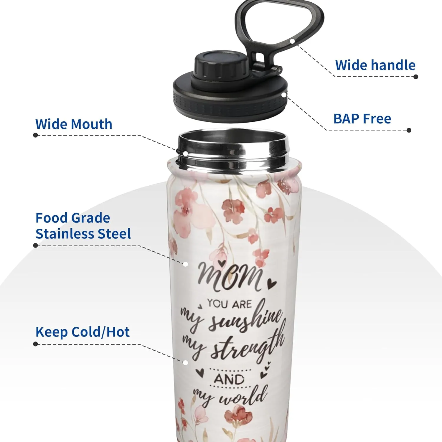 Cerburny Water Bottle Mom Mother 18 oz Stainless Steel Insulated Bottles With Lid Leak Proof Gym Sports Water Jug For Women