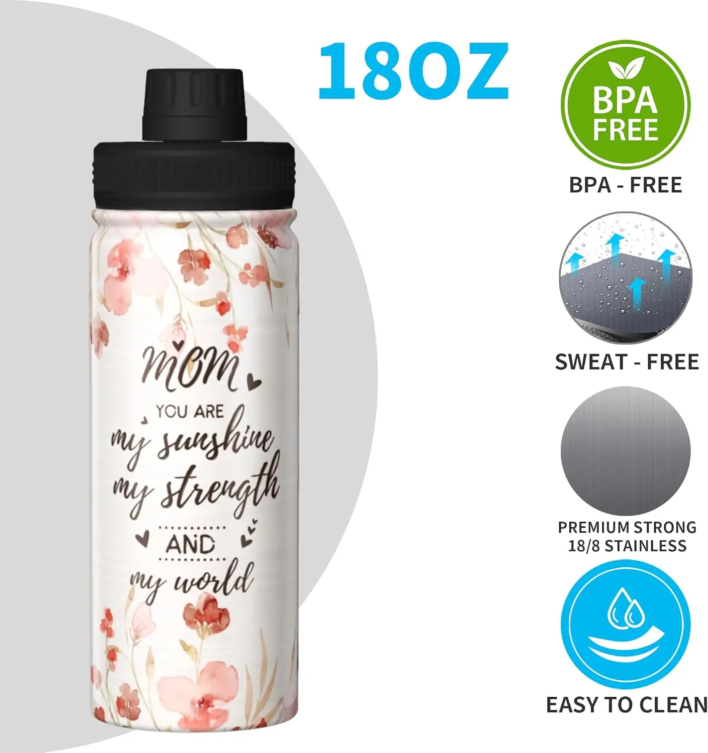Cerburny Water Bottle Mom Mother 18 oz Stainless Steel Insulated Bottles With Lid Leak Proof Gym Sports Water Jug For Women