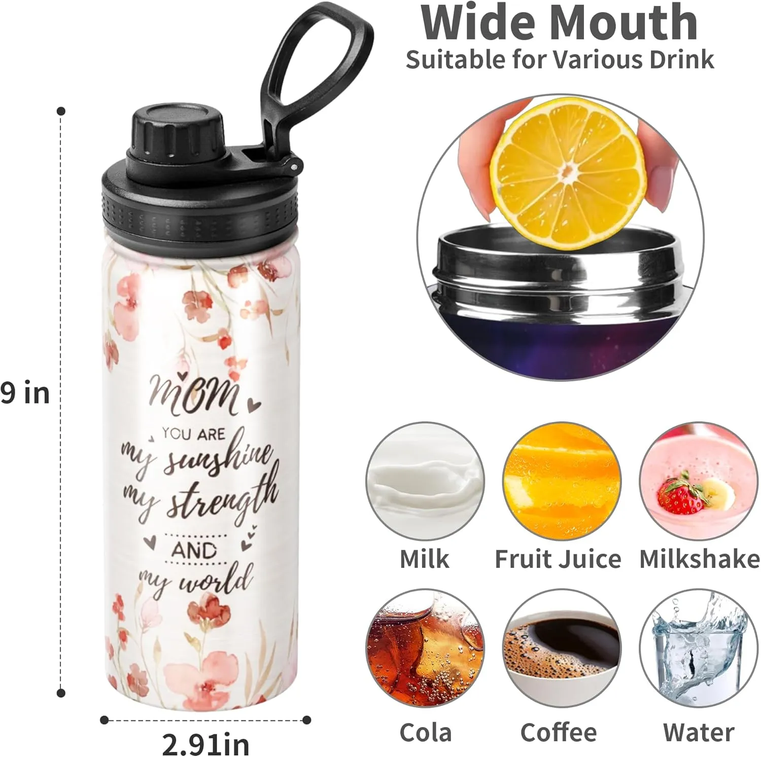 Cerburny Water Bottle Mom Mother 18 oz Stainless Steel Insulated Bottles With Lid Leak Proof Gym Sports Water Jug For Women