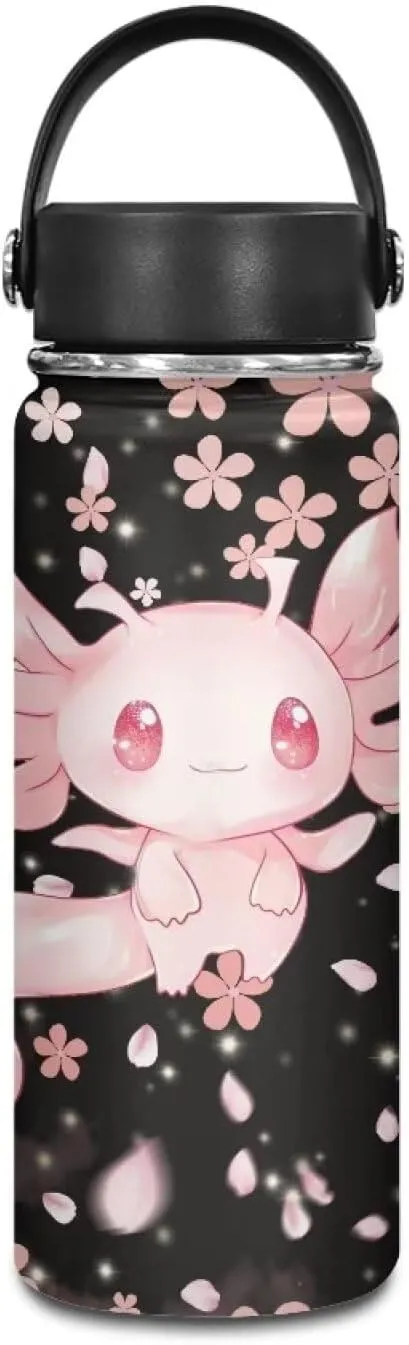 Cherry Blossom Axolotl Kids Water Bottle for School Stainless Steel Vacuum Insulated Water Bottle With Lid 18 OZ Metal Vacuum Flask Jug for Girls Gym Fitness Sports Water Bottles Pink