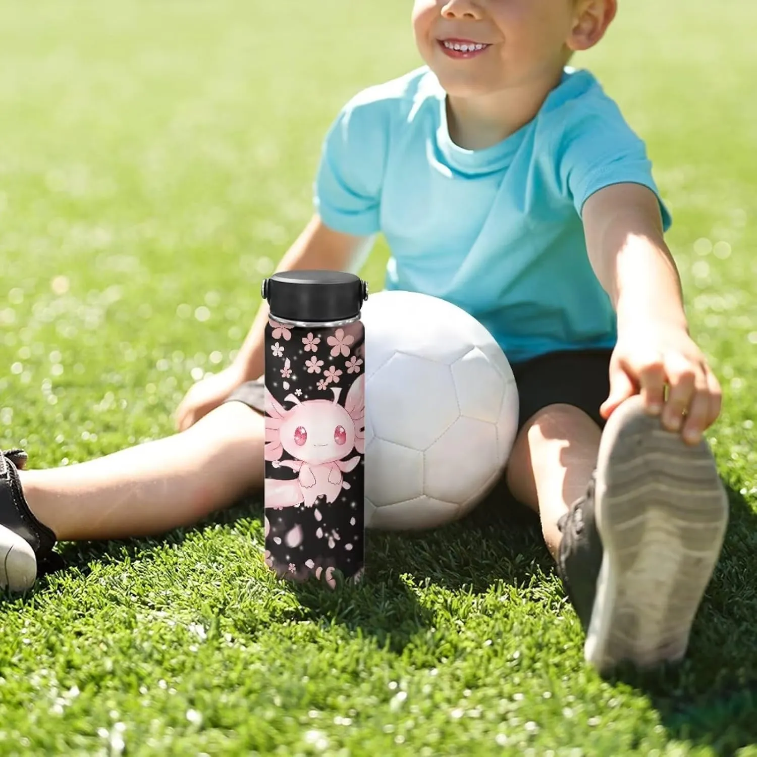 Cherry Blossom Axolotl Kids Water Bottle for School Stainless Steel Vacuum Insulated Water Bottle With Lid 18 OZ Metal Vacuum Flask Jug for Girls Gym Fitness Sports Water Bottles Pink
