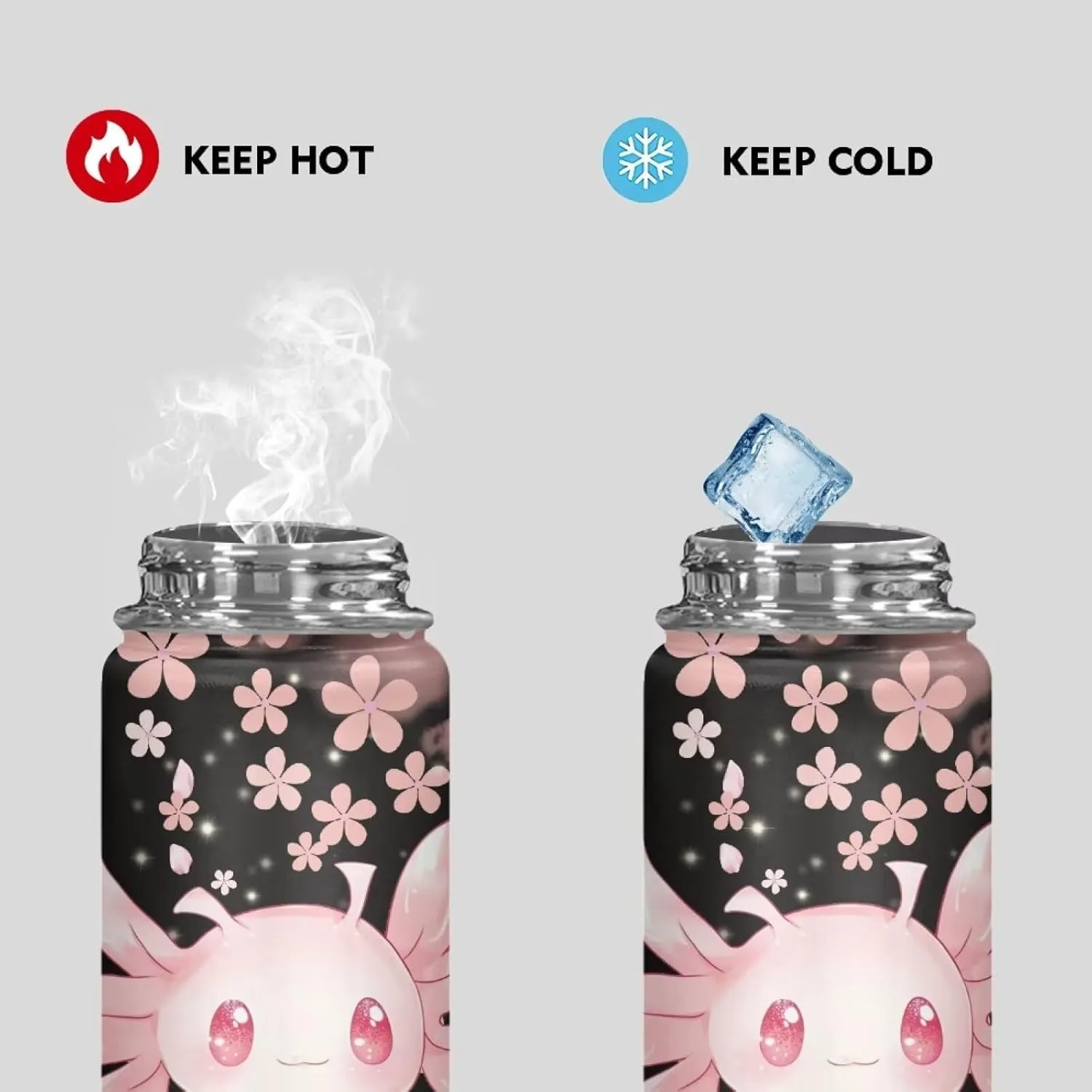Cherry Blossom Axolotl Kids Water Bottle for School Stainless Steel Vacuum Insulated Water Bottle With Lid 18 OZ Metal Vacuum Flask Jug for Girls Gym Fitness Sports Water Bottles Pink