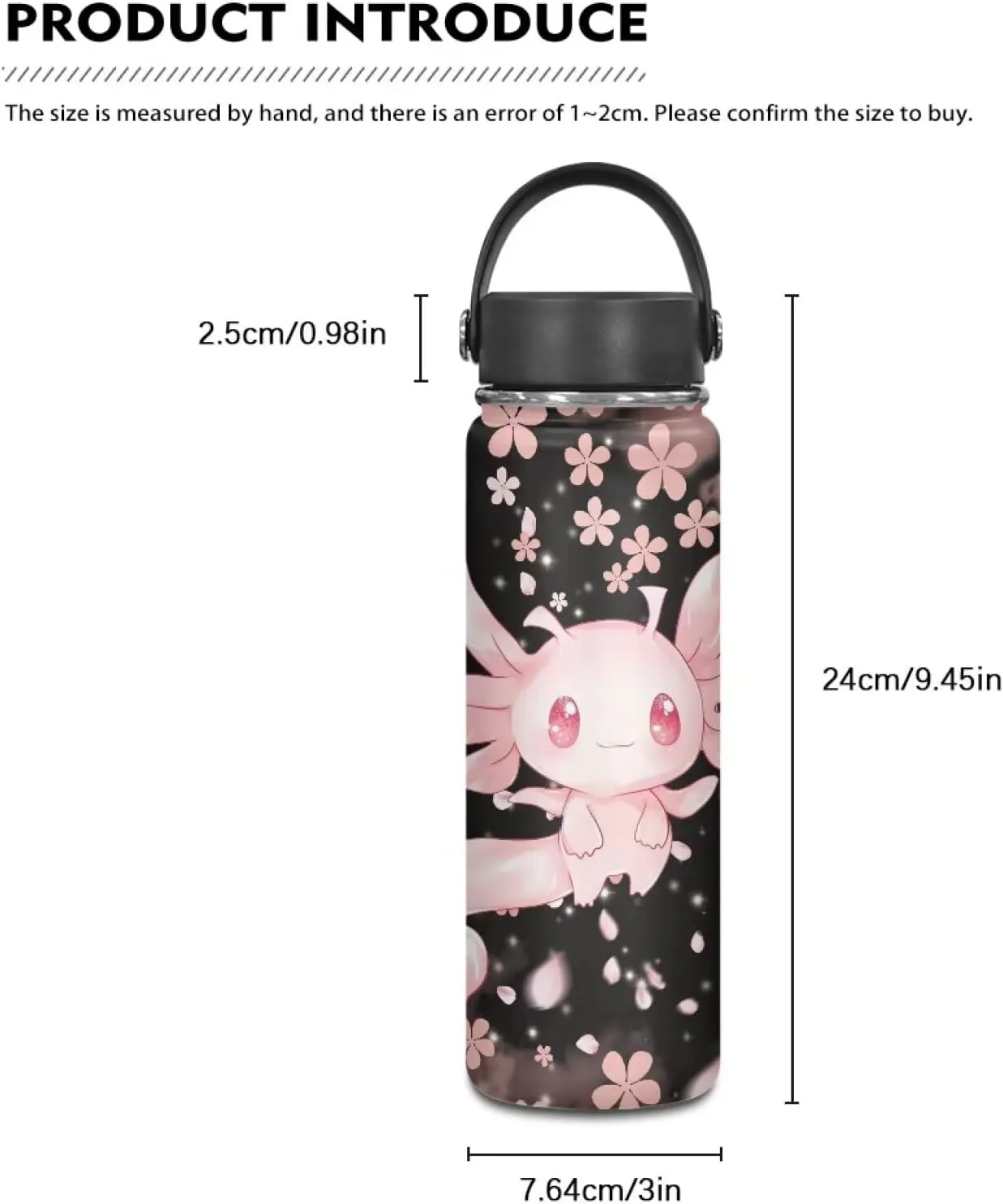 Cherry Blossom Axolotl Kids Water Bottle for School Stainless Steel Vacuum Insulated Water Bottle With Lid 18 OZ Metal Vacuum Flask Jug for Girls Gym Fitness Sports Water Bottles Pink