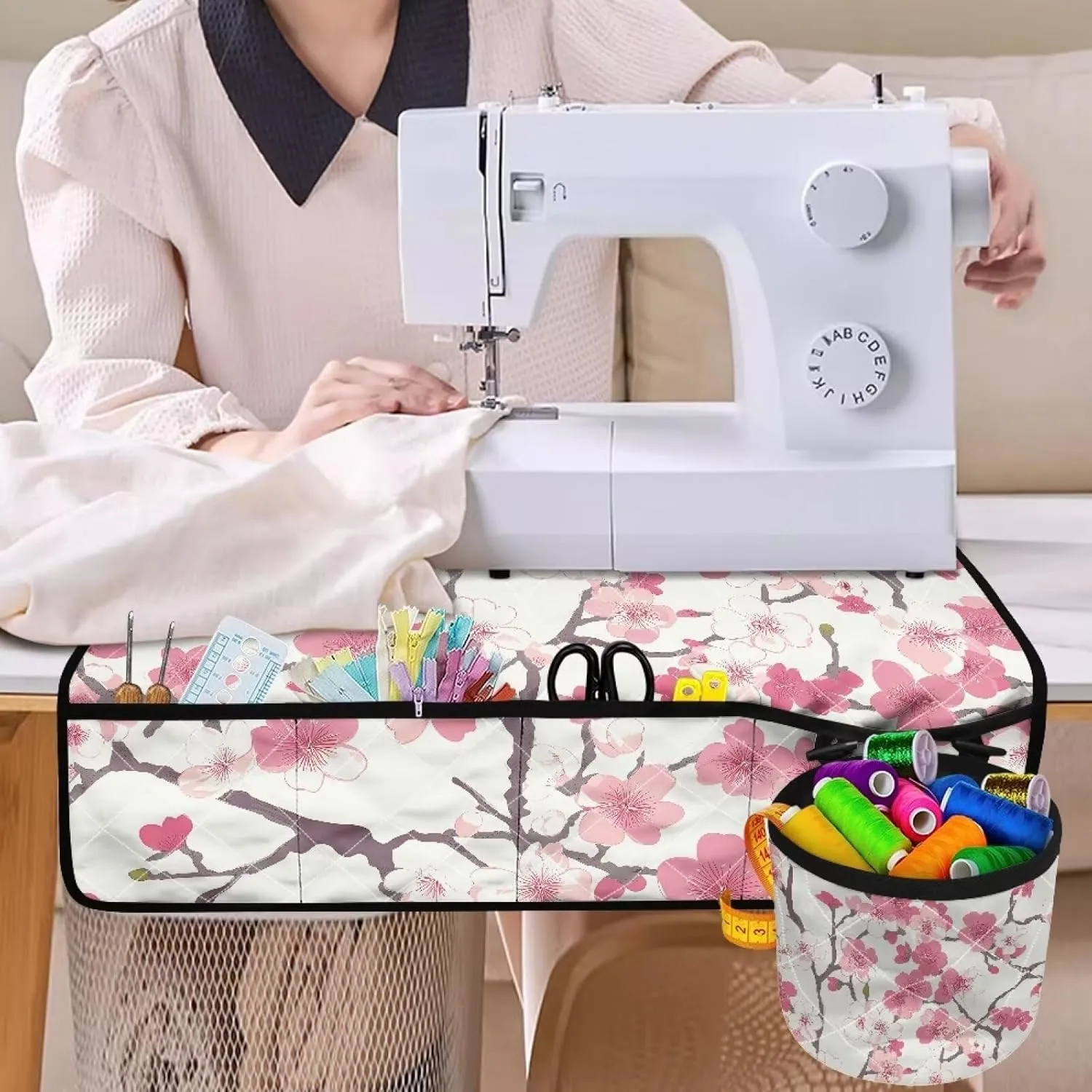 Cherry Blossom Print Sewing Machine Pad for Table with Pocket, Sewing Machine Carring Case for Most Standard Sewing Machines Waterproof Lightweight Table Pad