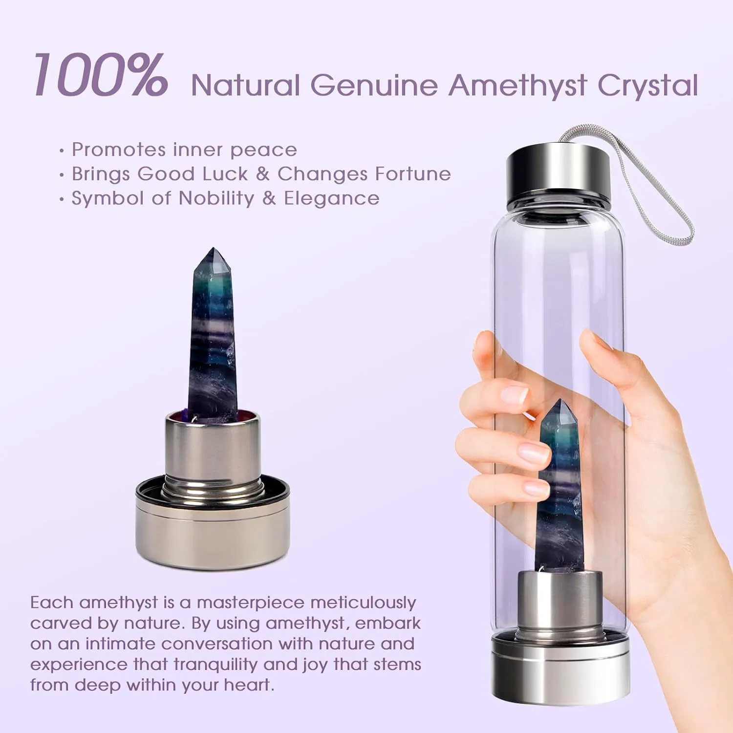 ChezMax Crystal Glass Water Bottle, Glass Water Bottle with Changeable Natural Crystal Center, Quartz Gemstone Water Bottle for Natural