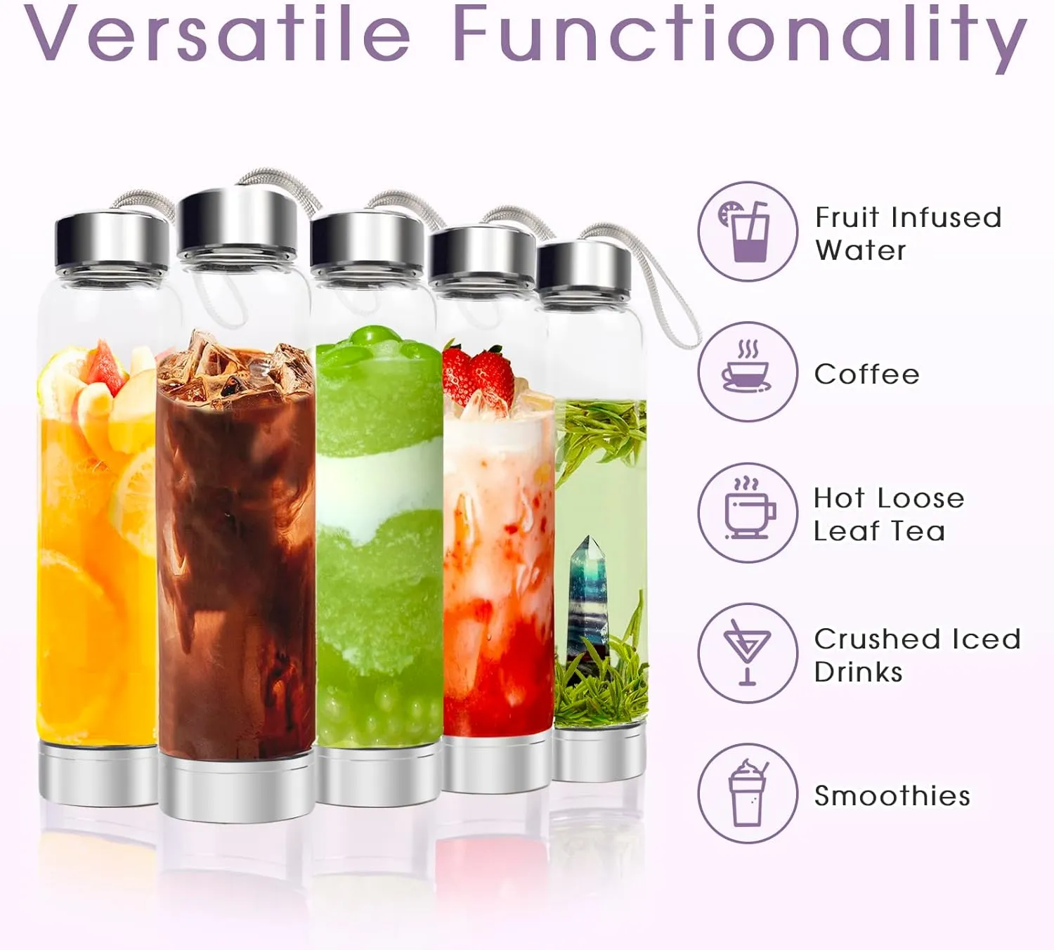 ChezMax Crystal Glass Water Bottle, Glass Water Bottle with Changeable Natural Crystal Center, Quartz Gemstone Water Bottle for Natural