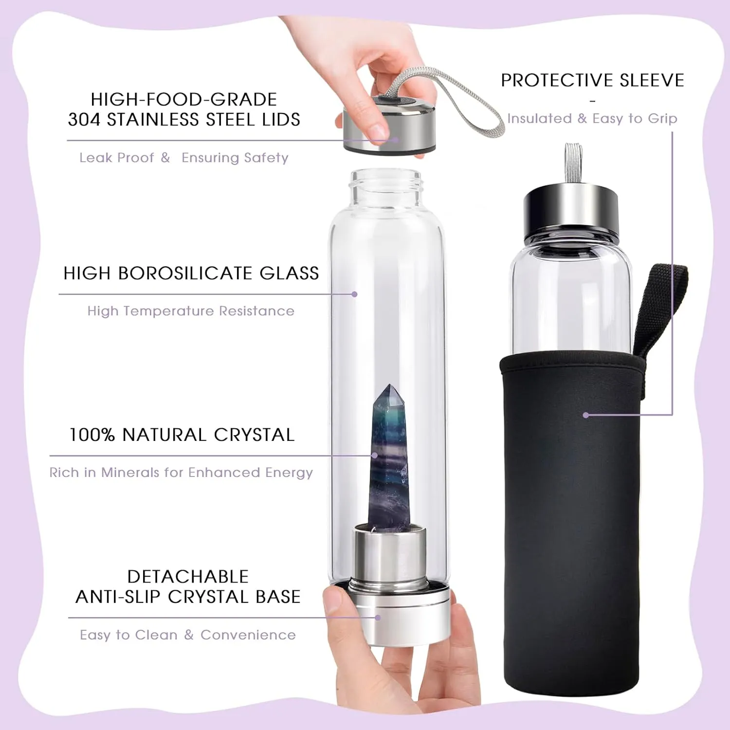 ChezMax Crystal Glass Water Bottle, Glass Water Bottle with Changeable Natural Crystal Center, Quartz Gemstone Water Bottle for Natural