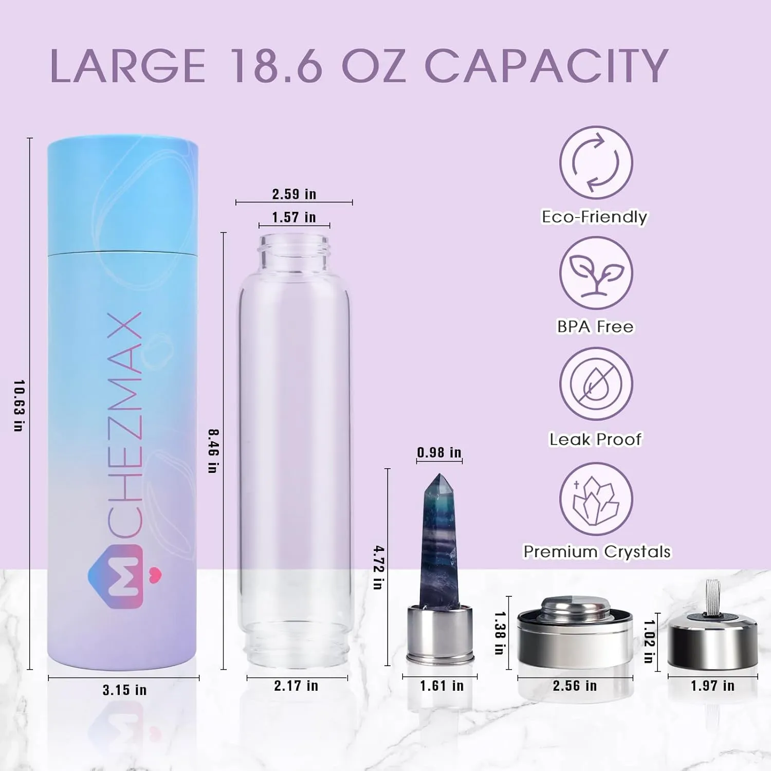 ChezMax Crystal Glass Water Bottle, Glass Water Bottle with Changeable Natural Crystal Center, Quartz Gemstone Water Bottle for Natural