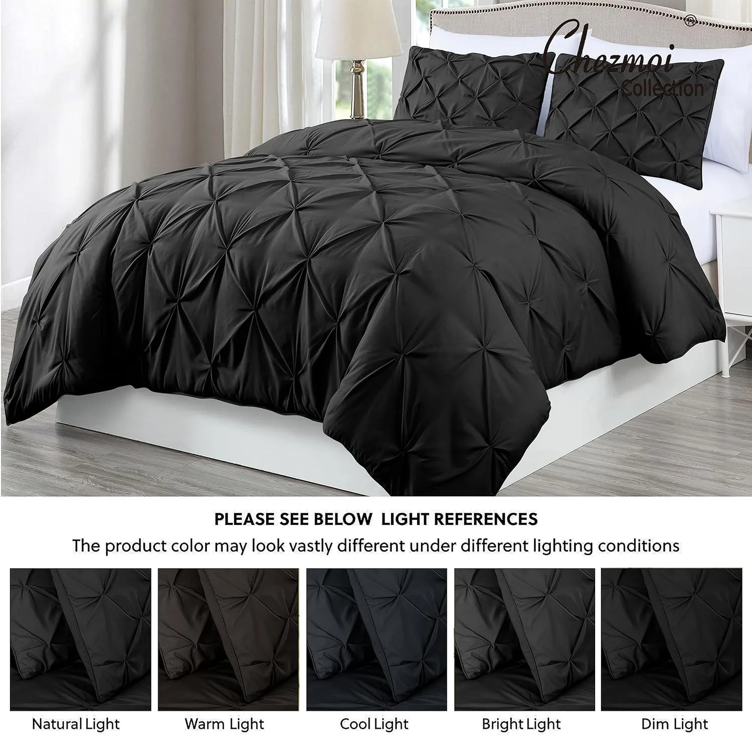 Chezmoi Collection Berlin Black Pinch Pleat King Comforter Set, 3-Piece (Comforter and Pillow Shams) - Soft Pintuck, Lightweight All Season Microfiber