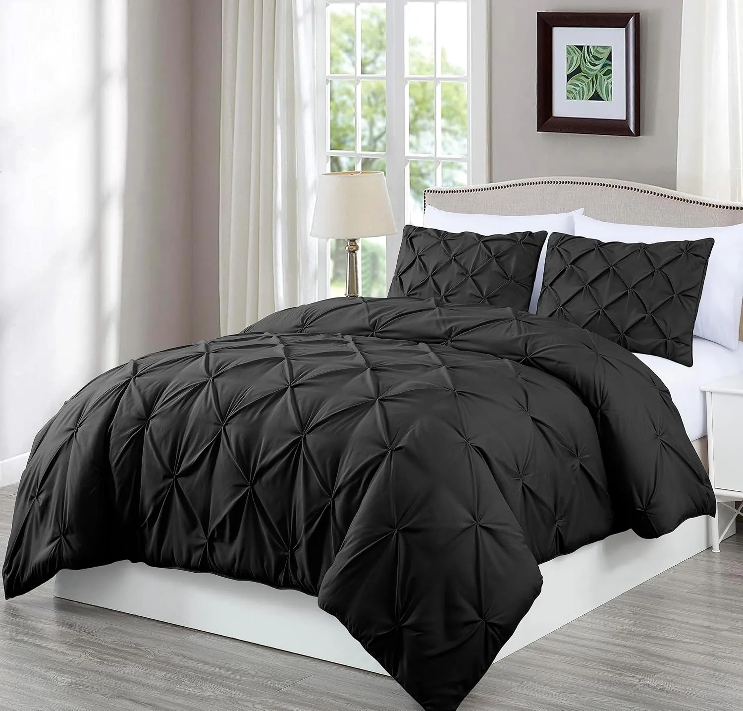Chezmoi Collection Berlin Black Pinch Pleat King Comforter Set, 3-Piece (Comforter and Pillow Shams) - Soft Pintuck, Lightweight All Season Microfiber