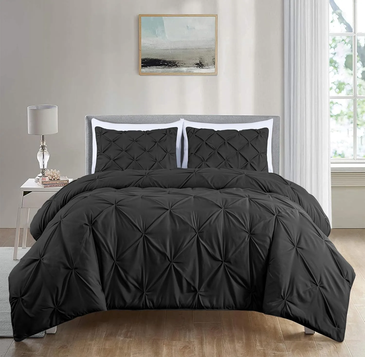 Chezmoi Collection Berlin Black Pinch Pleat King Comforter Set, 3-Piece (Comforter and Pillow Shams) - Soft Pintuck, Lightweight All Season Microfiber