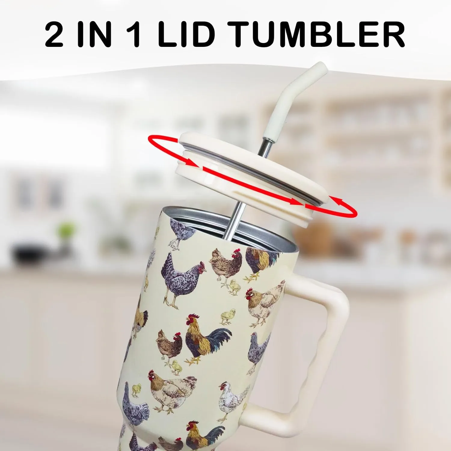 Chicken Tumbler, Chicken Gifts for Women Chicken Lovers 40 oz Chicken Tumbler with Handle and Straw Cup Holder Friendly Insulated Travel Mug Stainless Steel Water Bottle