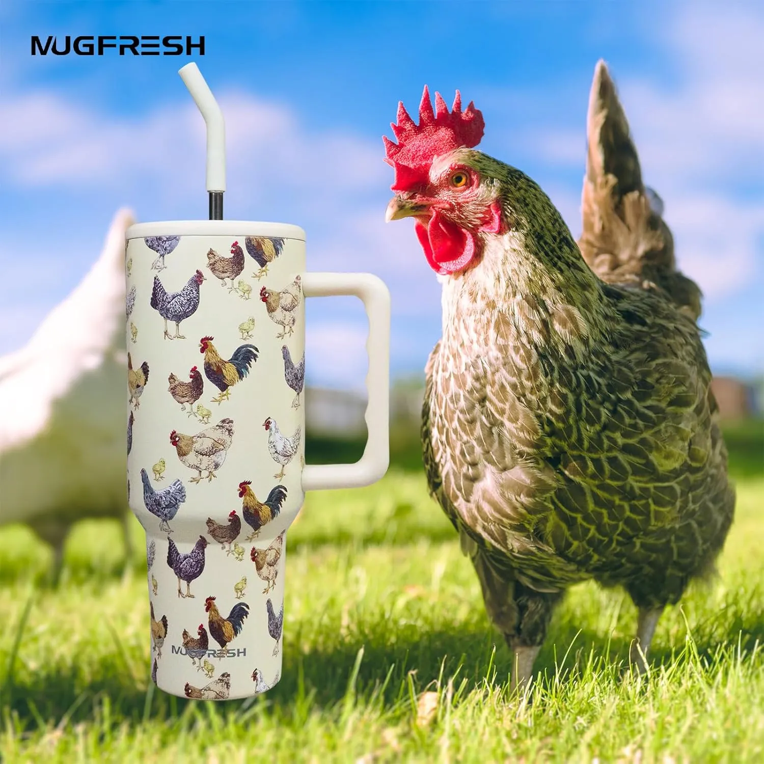 Chicken Tumbler, Chicken Gifts for Women Chicken Lovers 40 oz Chicken Tumbler with Handle and Straw Cup Holder Friendly Insulated Travel Mug Stainless Steel Water Bottle