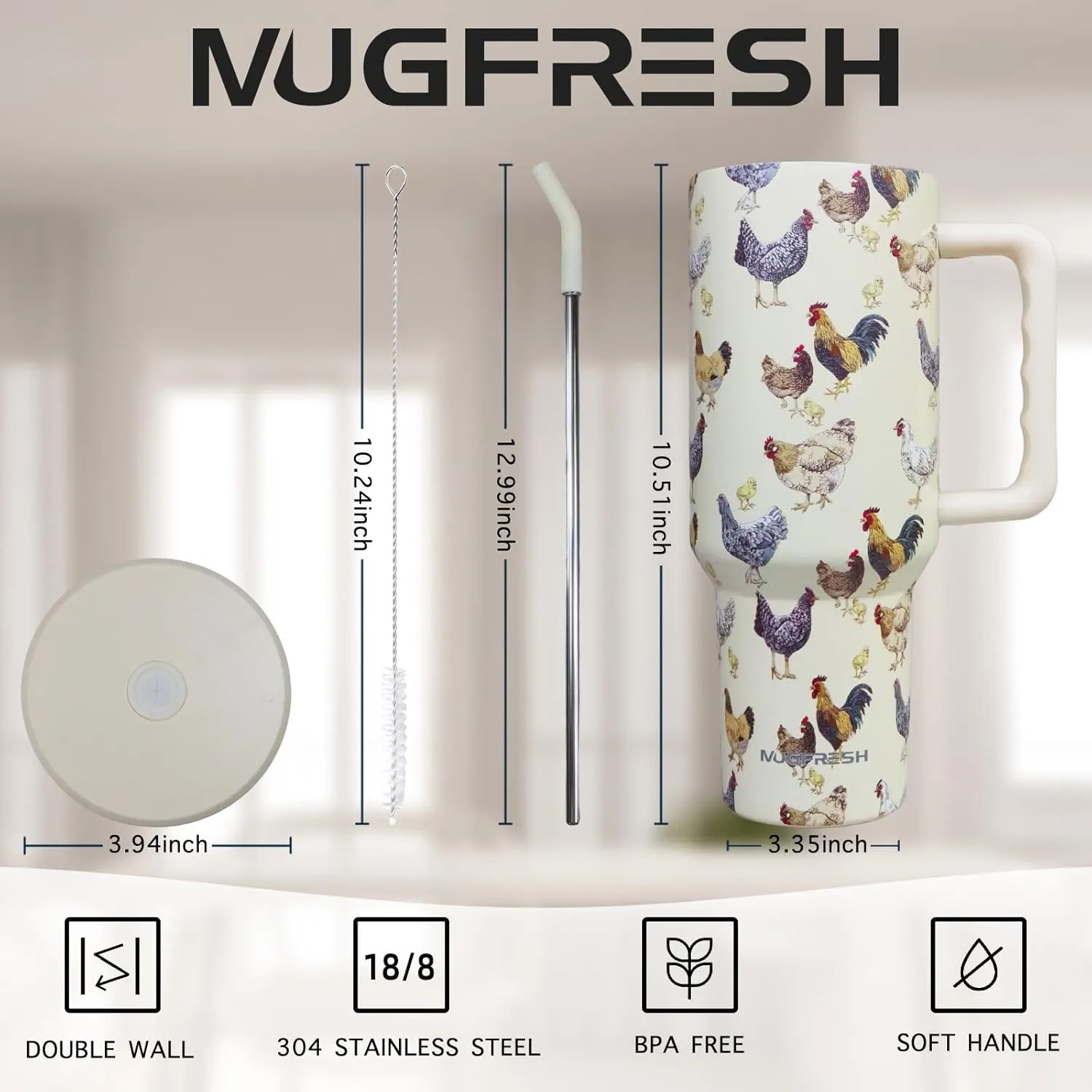 Chicken Tumbler, Chicken Gifts for Women Chicken Lovers 40 oz Chicken Tumbler with Handle and Straw Cup Holder Friendly Insulated Travel Mug Stainless Steel Water Bottle