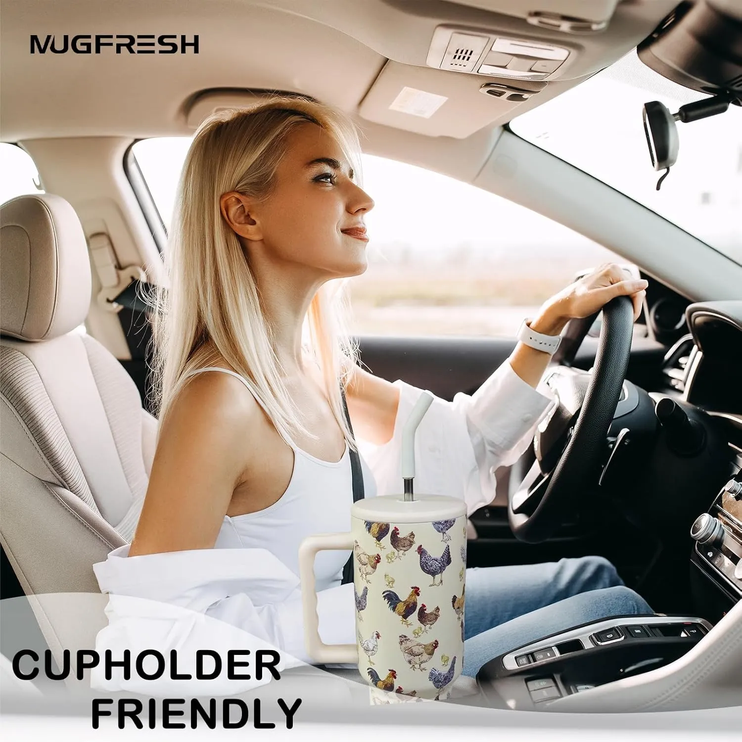 Chicken Tumbler, Chicken Gifts for Women Chicken Lovers 40 oz Chicken Tumbler with Handle and Straw Cup Holder Friendly Insulated Travel Mug Stainless Steel Water Bottle
