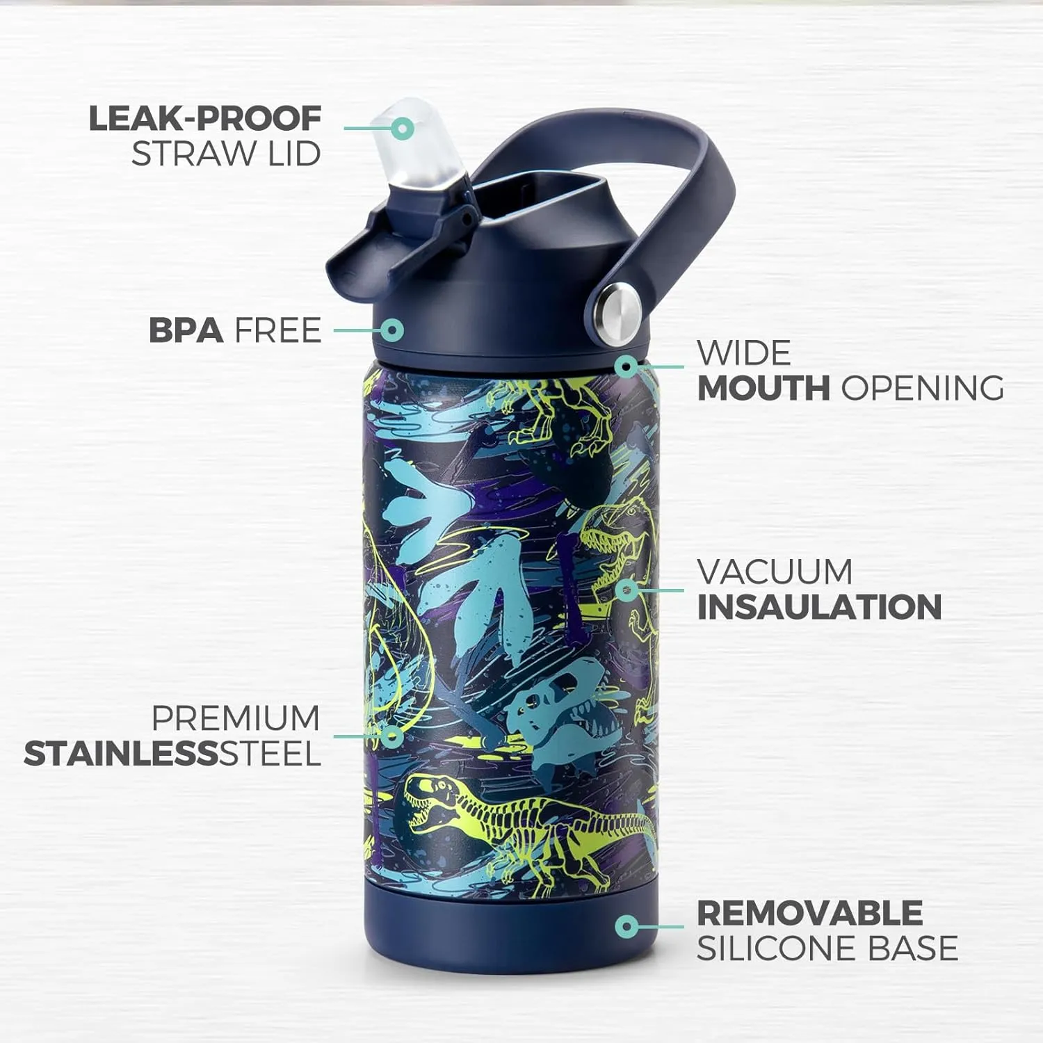 Choco Mocha Kids Water Bottle For School, Kids Insulated Dinosaurs Water Bottle Stainless Steel for Boys,18Oz Blue