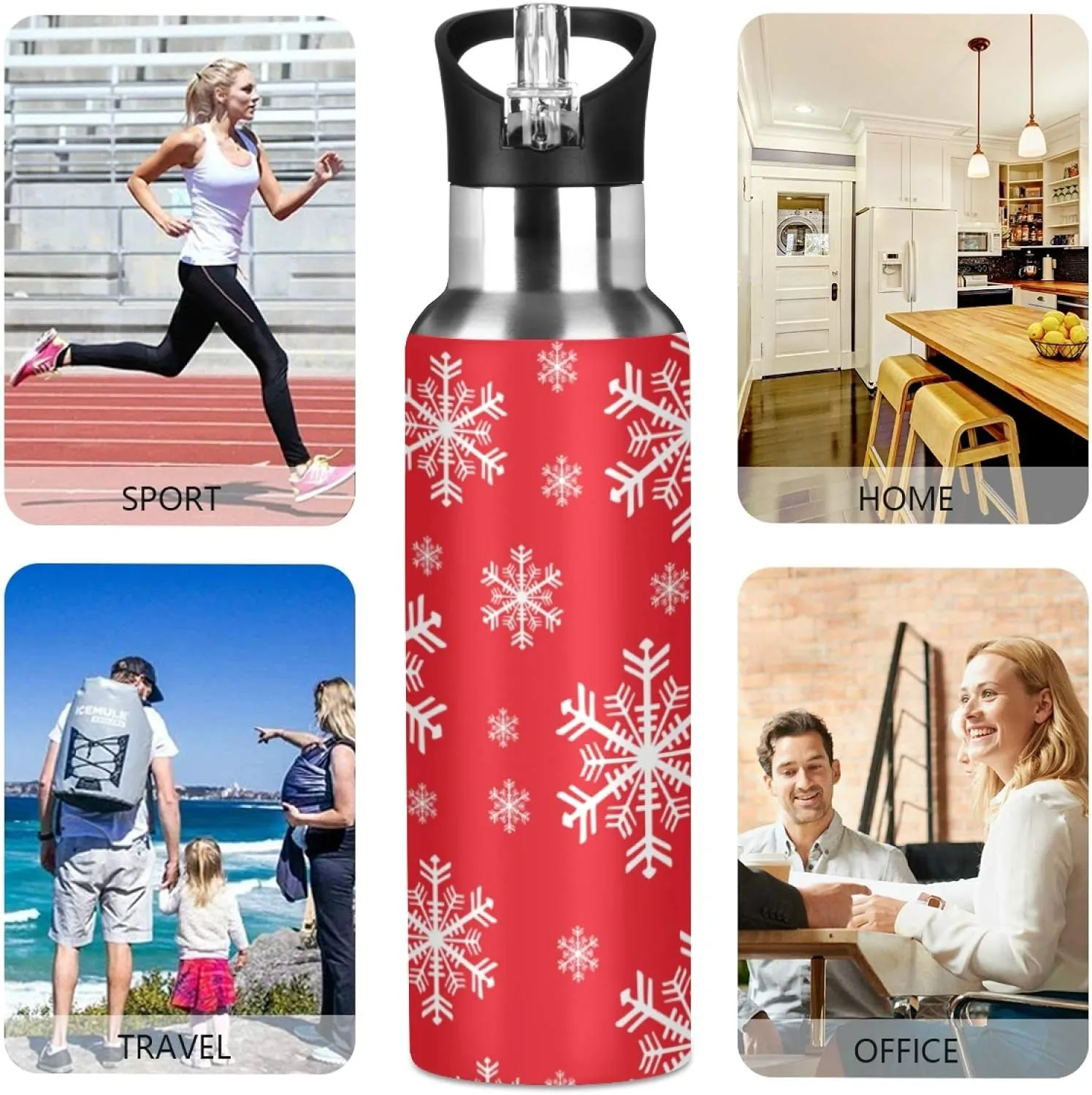 Christmas Snowflakes Background Sports Water Bottle, 22 Oz BPA Free Non-Toxic Stainless Steel Water Bottle with Straw for Gym Yoga Fitness Camping