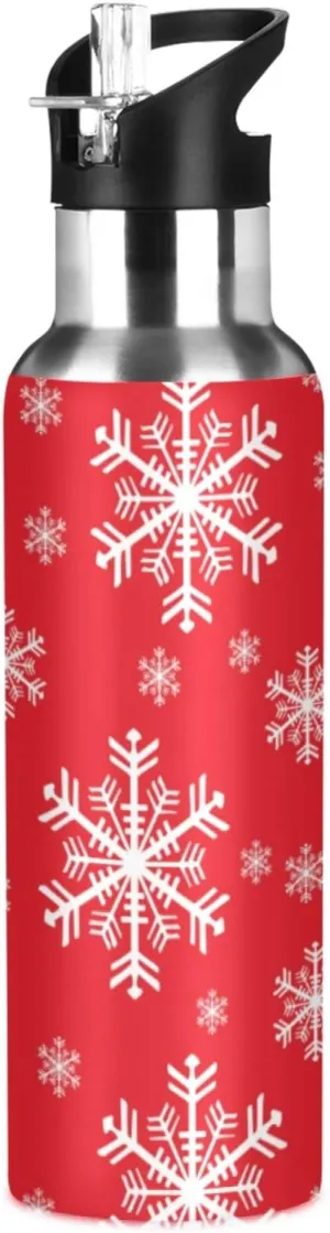 Christmas Snowflakes Background Sports Water Bottle, 22 Oz BPA Free Non-Toxic Stainless Steel Water Bottle with Straw for Gym Yoga Fitness Camping