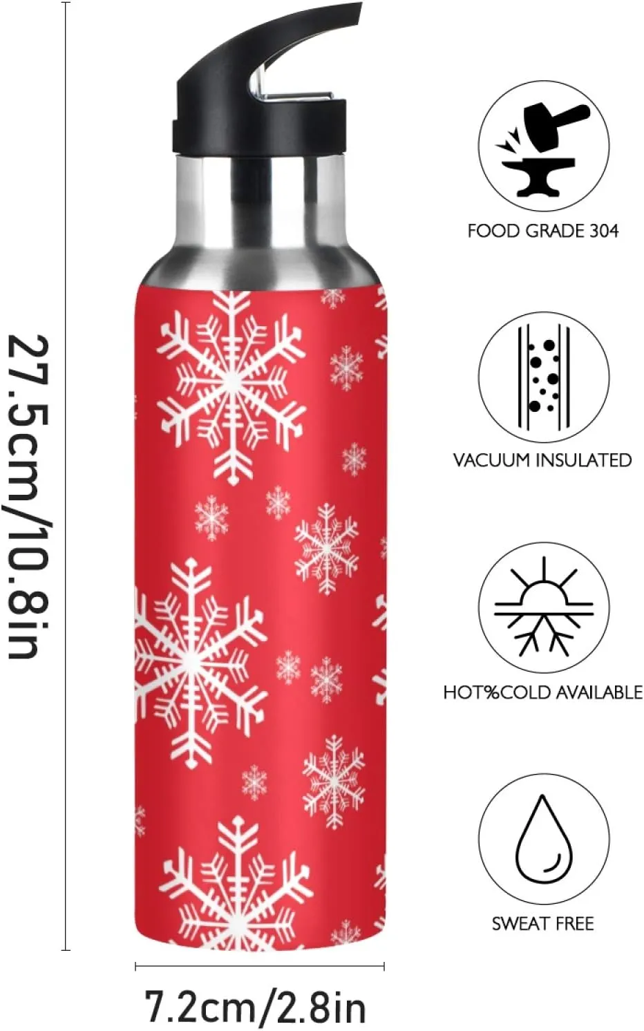 Christmas Snowflakes Background Sports Water Bottle, 22 Oz BPA Free Non-Toxic Stainless Steel Water Bottle with Straw for Gym Yoga Fitness Camping