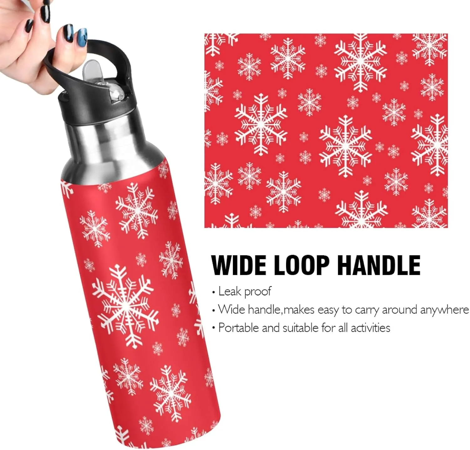 Christmas Snowflakes Background Sports Water Bottle, 22 Oz BPA Free Non-Toxic Stainless Steel Water Bottle with Straw for Gym Yoga Fitness Camping