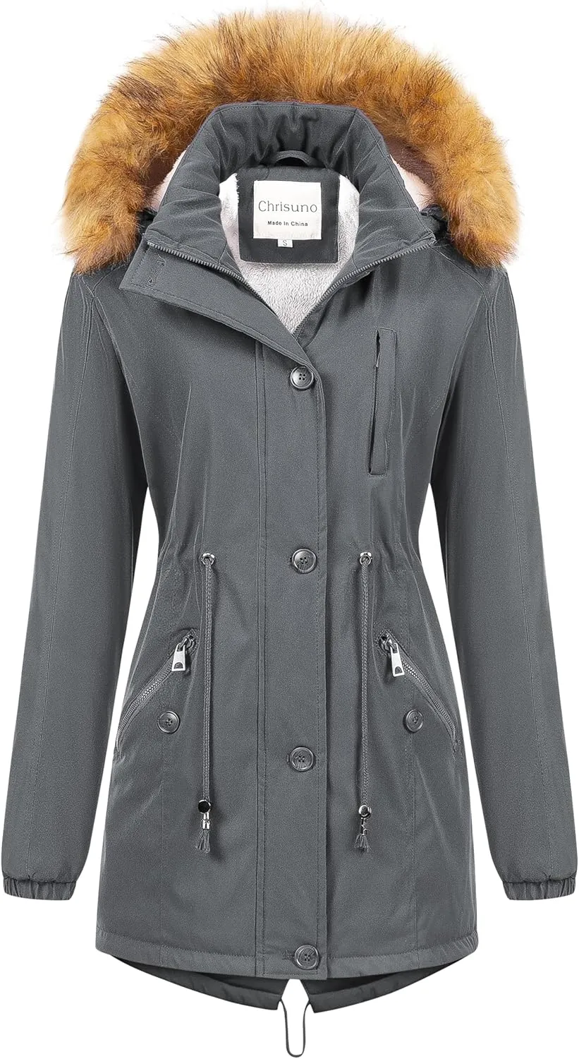 Chrisuno Women's Mid-Length Military Parka Winter Outerwear Insulated Jacket Soft Fleece Snow Faux Fur Coat