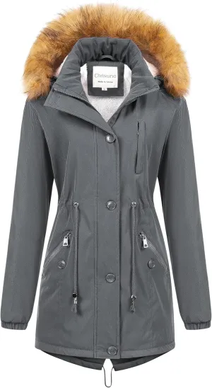 Chrisuno Women's Mid-Length Military Parka Winter Outerwear Insulated Jacket Soft Fleece Snow Faux Fur Coat