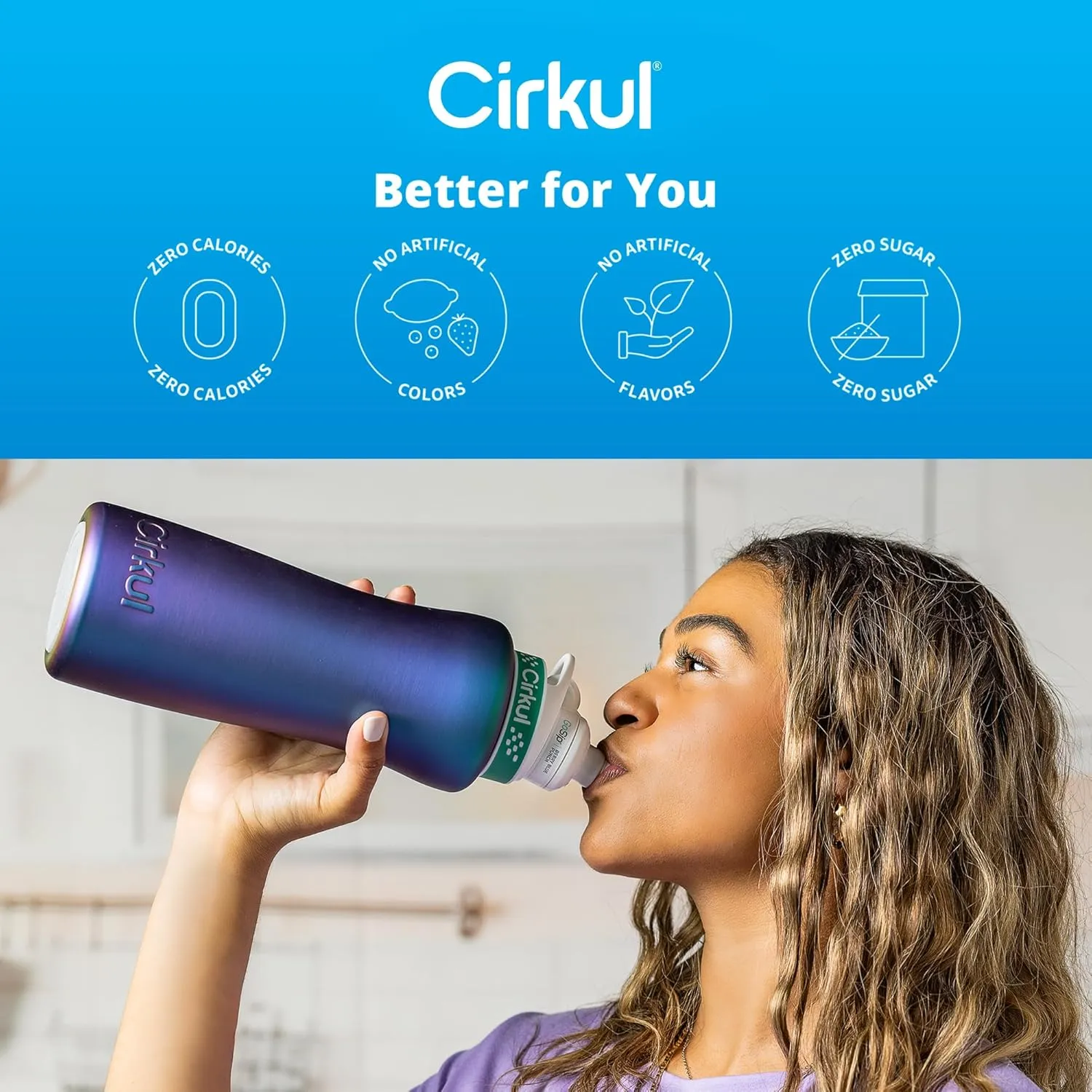Cirkul 32oz. Chameleon Stainless Steel Water Bottle Starter Kit with Green Lid, 2 Flavor Cartridges (1 LifeSip Blackberry Blueberry, 1 GoSip Berry Blue Punch) Zero Calories and No Sugar