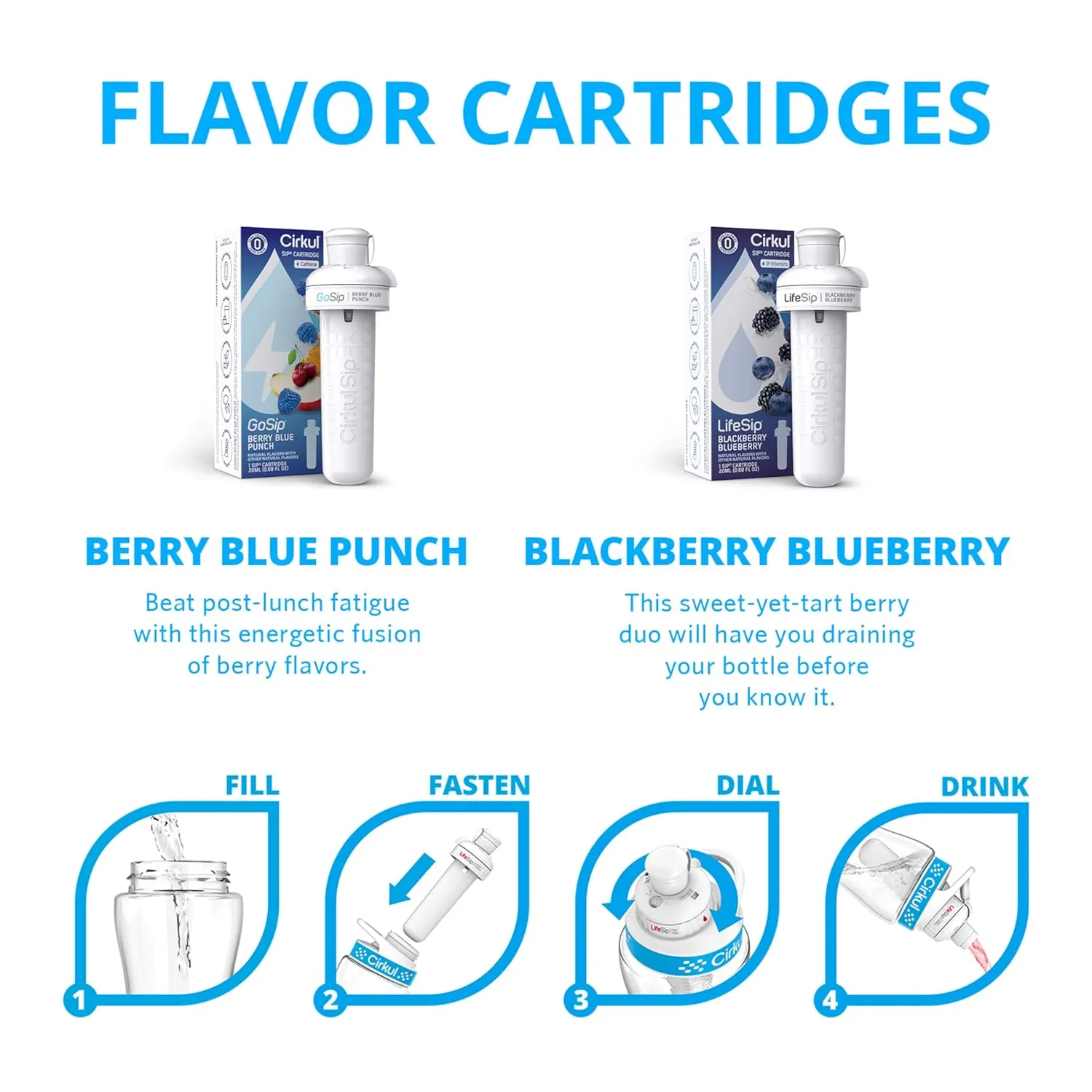 Cirkul 32oz. Chameleon Stainless Steel Water Bottle Starter Kit with Green Lid, 2 Flavor Cartridges (1 LifeSip Blackberry Blueberry, 1 GoSip Berry Blue Punch) Zero Calories and No Sugar
