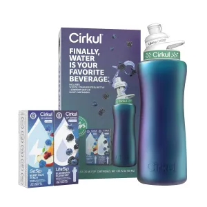 Cirkul 32oz. Chameleon Stainless Steel Water Bottle Starter Kit with Green Lid, 2 Flavor Cartridges (1 LifeSip Blackberry Blueberry, 1 GoSip Berry Blue Punch) Zero Calories and No Sugar