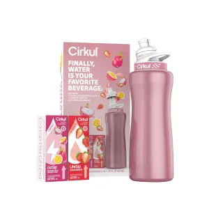 Cirkul 32oz. Rose Gold Stainless Steel Water Bottle Starter Kit with Rose Gold Lid and 2 Flavor Cartridges (1 LifeSip Strawberry, 1 GoSip Passion Fruit Dragon Fruit) Zero Calorie and No Sugar