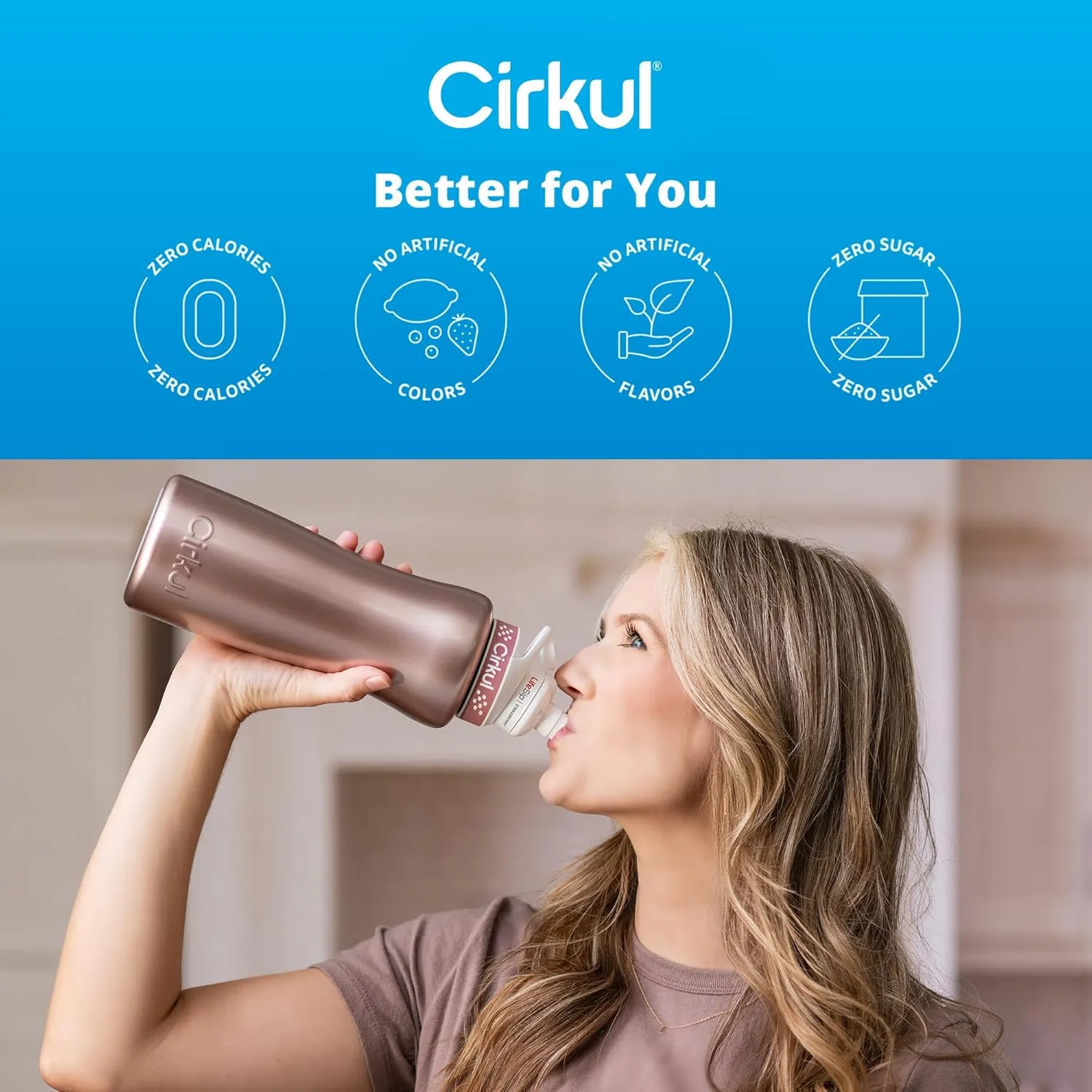Cirkul 32oz. Rose Gold Stainless Steel Water Bottle Starter Kit with Rose Gold Lid and 2 Flavor Cartridges (1 LifeSip Strawberry, 1 GoSip Passion Fruit Dragon Fruit) Zero Calorie and No Sugar