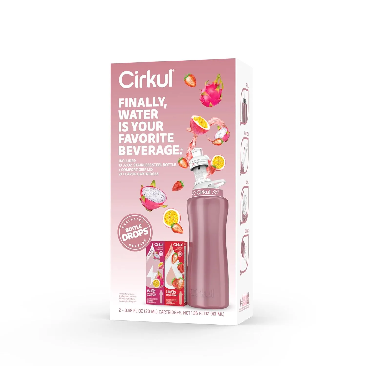 Cirkul 32oz. Rose Gold Stainless Steel Water Bottle Starter Kit with Rose Gold Lid and 2 Flavor Cartridges (1 LifeSip Strawberry, 1 GoSip Passion Fruit Dragon Fruit) Zero Calorie and No Sugar