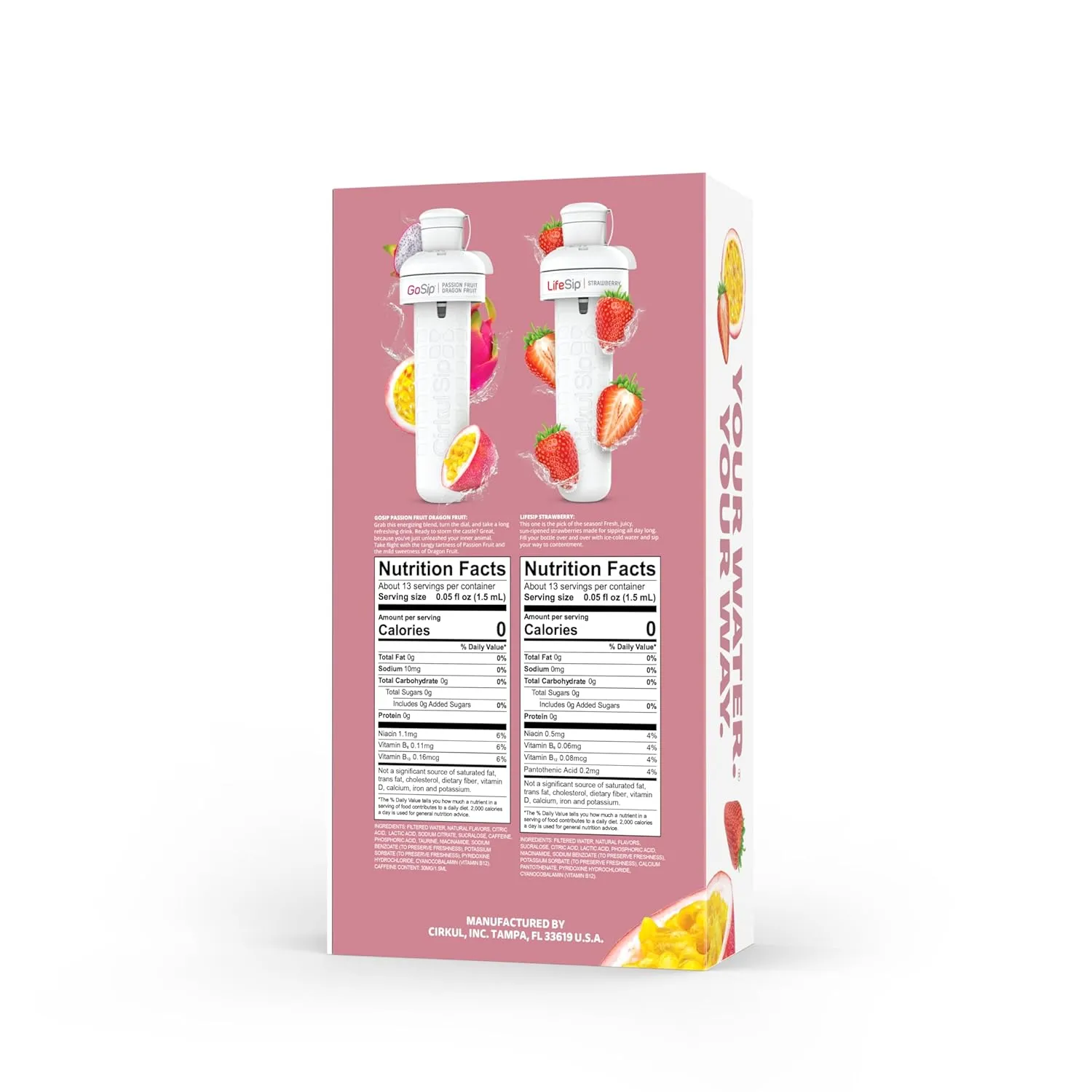 Cirkul 32oz. Rose Gold Stainless Steel Water Bottle Starter Kit with Rose Gold Lid and 2 Flavor Cartridges (1 LifeSip Strawberry, 1 GoSip Passion Fruit Dragon Fruit) Zero Calorie and No Sugar