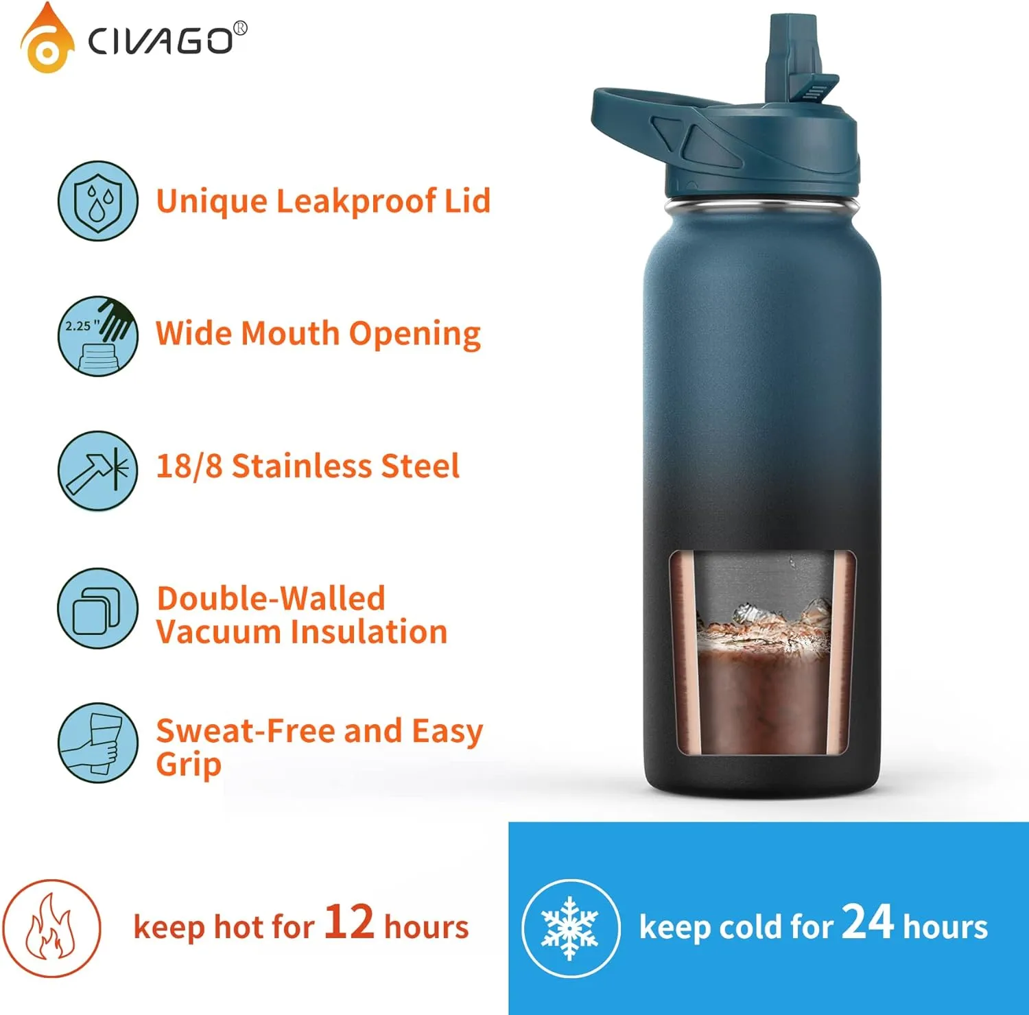 CIVAGO 22 oz Insulated Water Bottle With Straw, Stainless Steel Sports Water Flask Cup with 3 Lids (Straw, Portable Spout and Handle Lid), Double Walled Travel Thermal Canteen Mug, Dark Night
