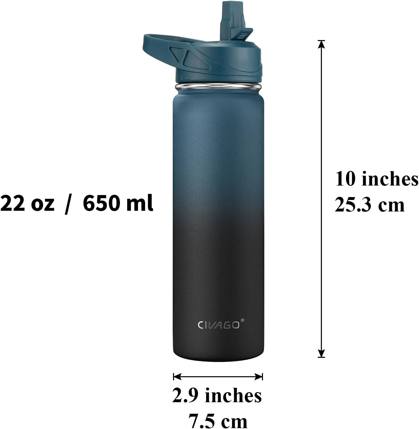 CIVAGO 22 oz Insulated Water Bottle With Straw, Stainless Steel Sports Water Flask Cup with 3 Lids (Straw, Portable Spout and Handle Lid), Double Walled Travel Thermal Canteen Mug, Dark Night