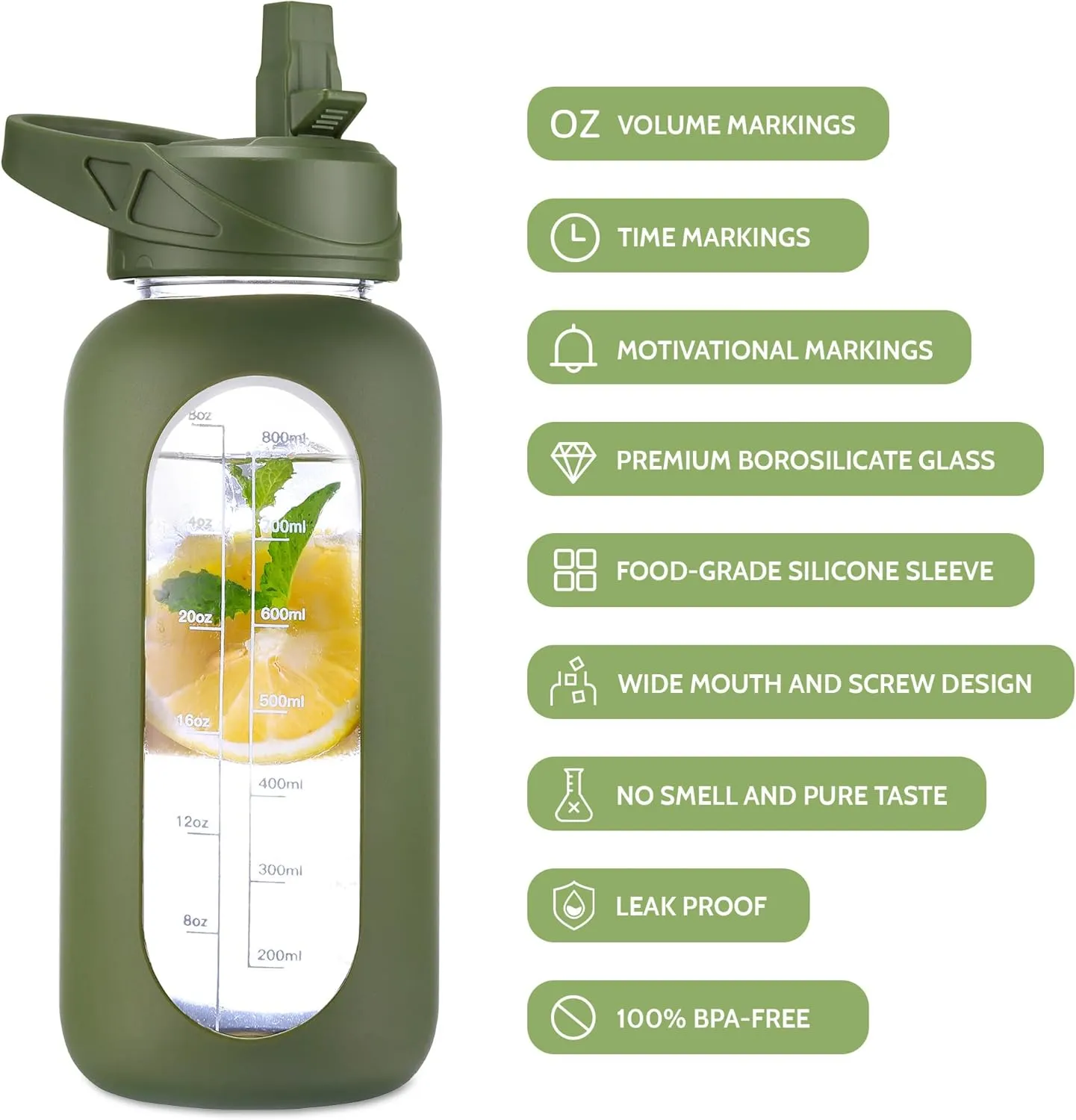 CIVAGO 32 oz Glass Water Bottle with Straw and Insulated Bottle Holder Sling, Motivational Water jug with Time Marker and Silicone Sleeve, Water Flask with 2 Lids for Walking and Gym Navy