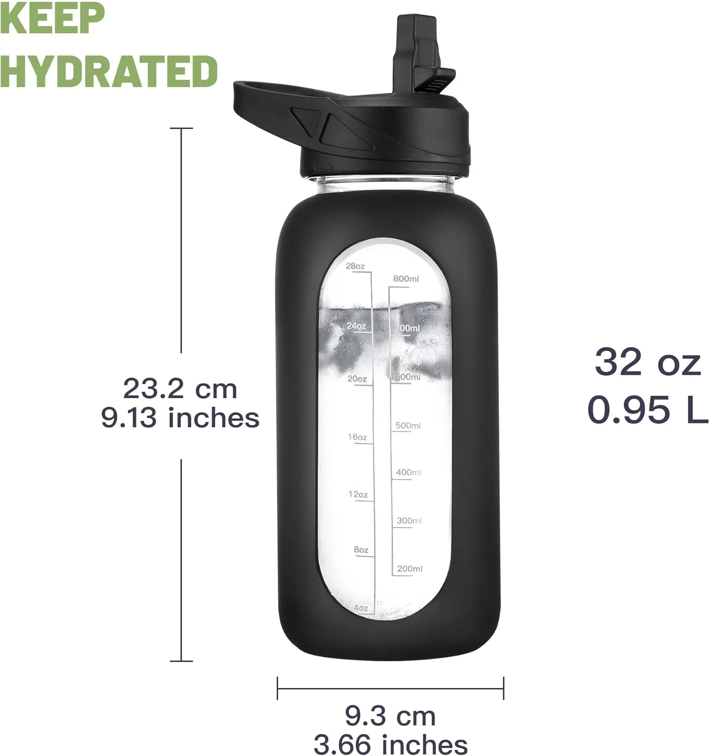 CIVAGO 32 oz Glass Water Bottle with Straw and Insulated Bottle Holder Sling, Motivational Water jug with Time Marker and Silicone Sleeve, Water Flask with 2 Lids for Walking and Gym Navy
