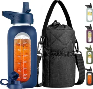 CIVAGO 32 oz Glass Water Bottle with Straw and Insulated Bottle Holder Sling, Motivational Water jug with Time Marker and Silicone Sleeve, Water Flask with 2 Lids for Walking and Gym Navy
