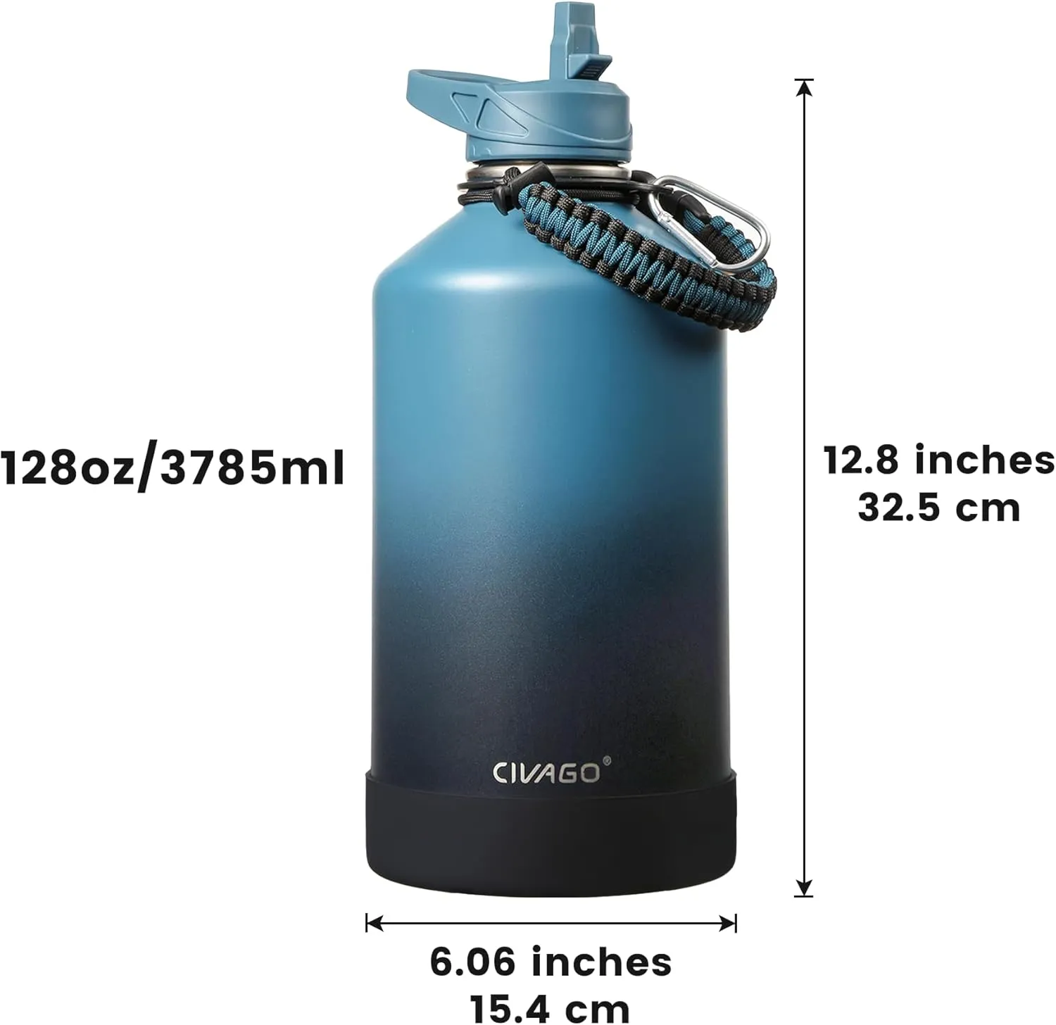 CIVAGO Gallon Insulated Water Bottle Jug with Straw, 128 oz Large Stainless Steel Water Flask, Big Metal Thermal Mug with 3 Lids for Sports, Travel, Gym, and Camping, Navy Blue